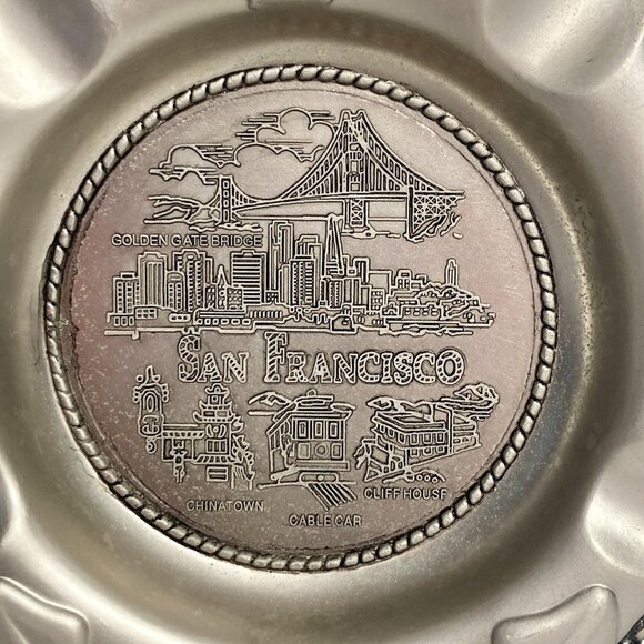 Vtg San Francisco Souvenir Ashtray Metal Golden Gate Chinatown Cable Cars Cliff - Picture 4 of 13